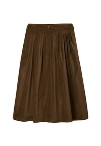 Jupe en velours côtelé marron avec des plis, dotée d'une fermeture à bouton à la taille. Texture lisse et design longueur genou.