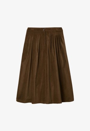 Jupe en velours côtelé marron avec des plis, dotée d'une fermeture à bouton à la taille. Texture lisse et design longueur genou.