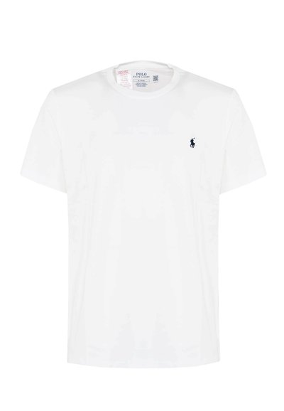 T-shirt bianco in cotone con collo rotondo e maniche corte. Piccolo logo blu navy sul lato sinistro del petto. Texture morbida, design semplice.