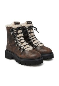 Stivali in pelle marrone con lacci per l'inverno, dotati di fodera in soffice fleece bianco e suole nere spesse, progettati per il comfort e la trazione in condizioni di freddo.