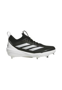Black and white athletic shoe with a textured upper, molded heel, and spike outsole for traction. Features three white stripes on the side.