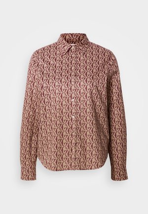 Langermet skjorte i et mønstrete stoff med maroon svirvler på en beige bakgrunn, med spiss krage og knappelukking foran.