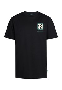 Zwarte katoenen T-shirt met korte mouwen, ronde hals, met een gedrukt logo in het wit en groen op de linkerborst.