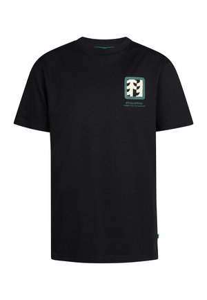 Camiseta de algodón negra con mangas cortas, cuello redondo, con un logo impreso en blanco y verde en el área del pecho izquierdo.