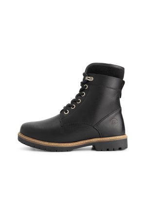 Black leather ankle boot with lace-up front, padded collar, tan stitched sole, and rugged tread on a white background.