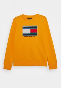 Sudadera naranja con cuello redondo, que presenta un logotipo rectangular multicolor y el texto "TOMMY HILFIGER" en el centro. Tejido suave.