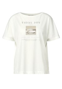 White T-shirt made of cotton, featuring a square graphic with a water landscape and text: "TIDAL JOY" and "MORNING SUNLIGHT." Short sleeves.