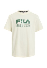 Camiseta de manga corta color crema con gráfico del logo de Fila Athletics en verde, escote redondo y material de algodón suave.
