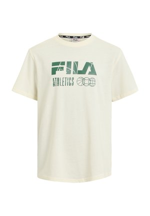T-shirt crème à manches courtes avec un motif graphique du logo Fila Athletics en vert, encolure ronde et tissu en coton doux.