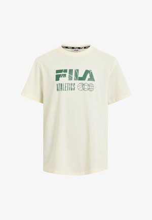Crème T-shirt met korte mouwen met een groene Fila Athletics-logo, ronde halslijn en zachte katoenmateriaal.