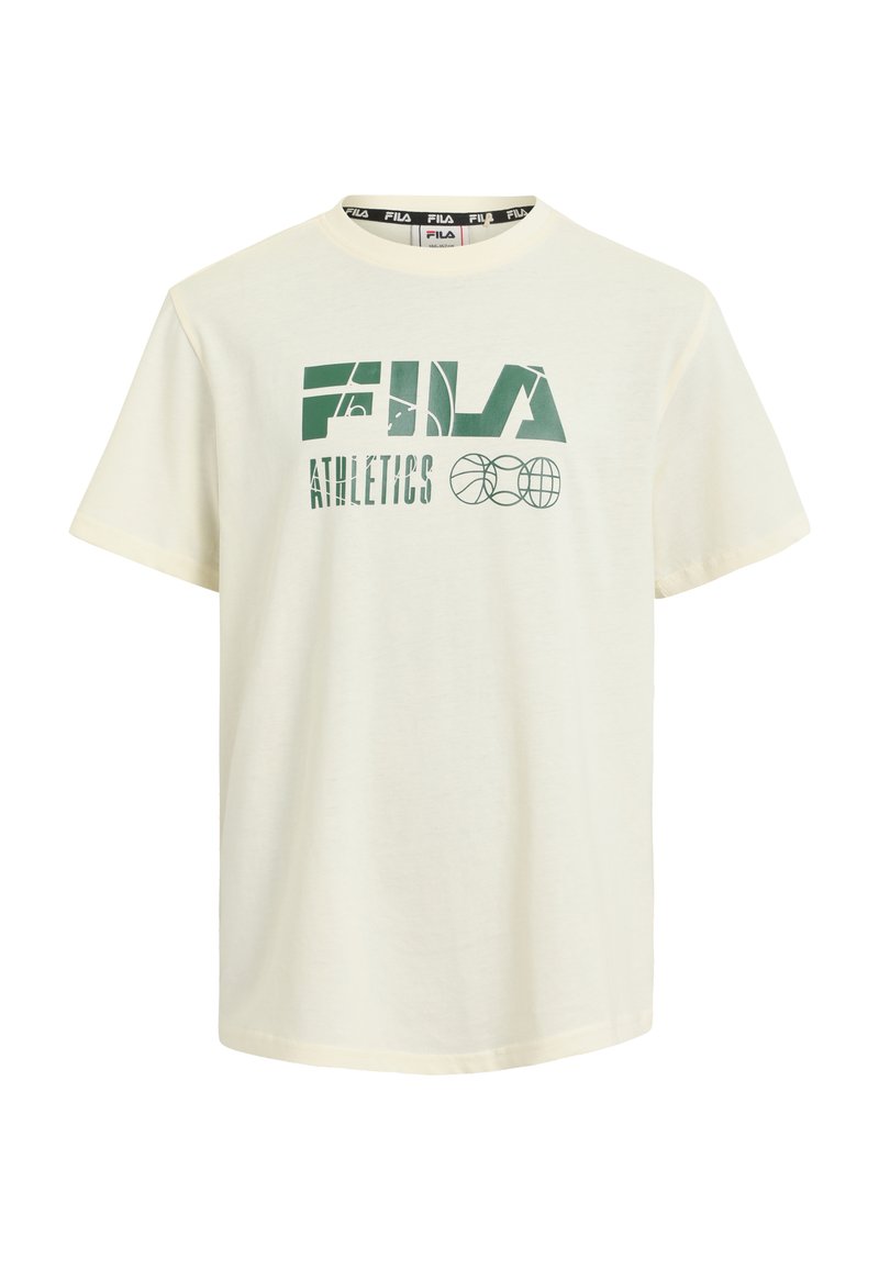 Camiseta de manga corta color crema con gráfico del logo de Fila Athletics en verde, escote redondo y material de algodón suave.