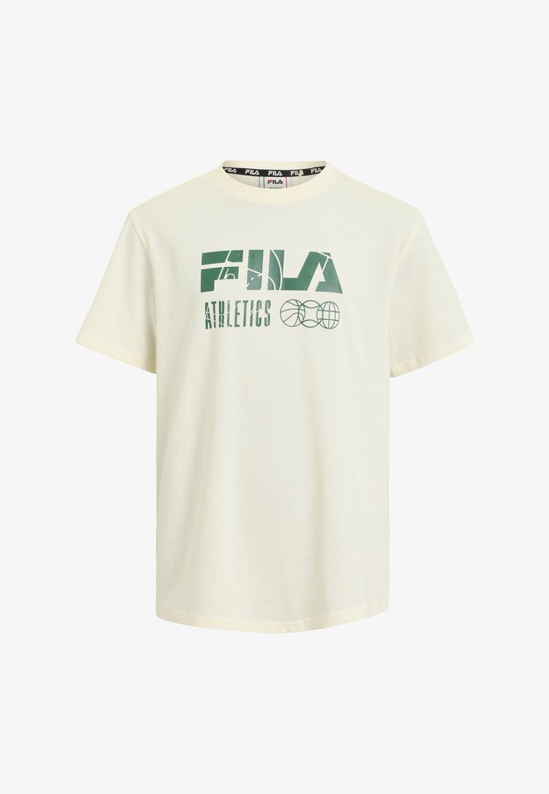 Krämfärgad t-shirt med kort ärm som har en grön Fila Athletics-logotyp, rund halsringning och mjukt bomullsmaterial.
