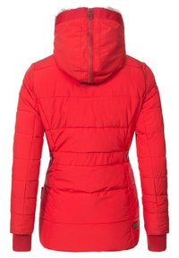 Red puffer jacket with a hood, ribbed cuffs, and a cinched waist. The exterior features horizontal quilted patterns and a zipper closure.