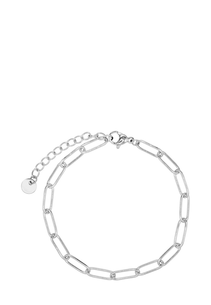 Braccialetto in argento con link allungati, dotato di chiusura a granchio e catena estesa per lunghezza regolabile. Finitura liscia e lucida.