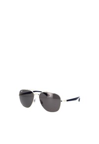 Occhiali da sole stile aviator con lenti scure, montatura in metallo argento e stanghette in plastica blu navy. Naselli regolabili per il comfort.