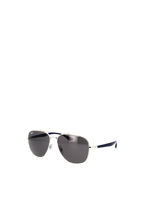 Occhiali da sole stile aviator con lenti scure, montatura in metallo argento e stanghette in plastica blu navy. Naselli regolabili per il comfort.