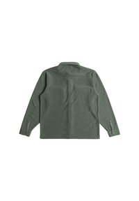 Green fleece shirt with a buttoned collar, long sleeves, and two chest pockets. Smooth texture with a minimalist design and no visible patterns.