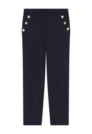 Pantalons navy ajustés à la coupe élégante avec une texture lisse. Présente des boutons dorés sur les poches avant et un design épuré et élancé.