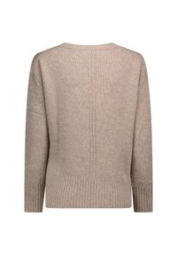 Maglione beige lavorato a maglia, collo rotondo, polsini e orlo a coste, presenta una cucitura centrale sul retro, peso medio, vestibilità casual.