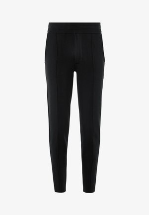 Schwarze, taillierte Hosen aus einem weichen, strukturierten Stoff, mit einem breiten Bund und zwei vorderen Nähten für mehr Form.