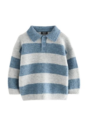 Kinderen lange mouw polo sweater met brede horizontale blauwe en grijze strepen en drie blauwe knopen op de kraag.