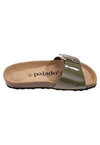 Green patent leather slide sandal with a wide strap, gold buckle detail, and cork footbed. Textured black rubber sole. Brand logo visible.