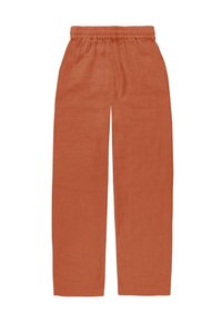 Rostfarbene, locker sitzende Leinenhosen mit elastischem Bund, geraden Beinen und ohne sichtbare Taschen oder zusätzliche Details.