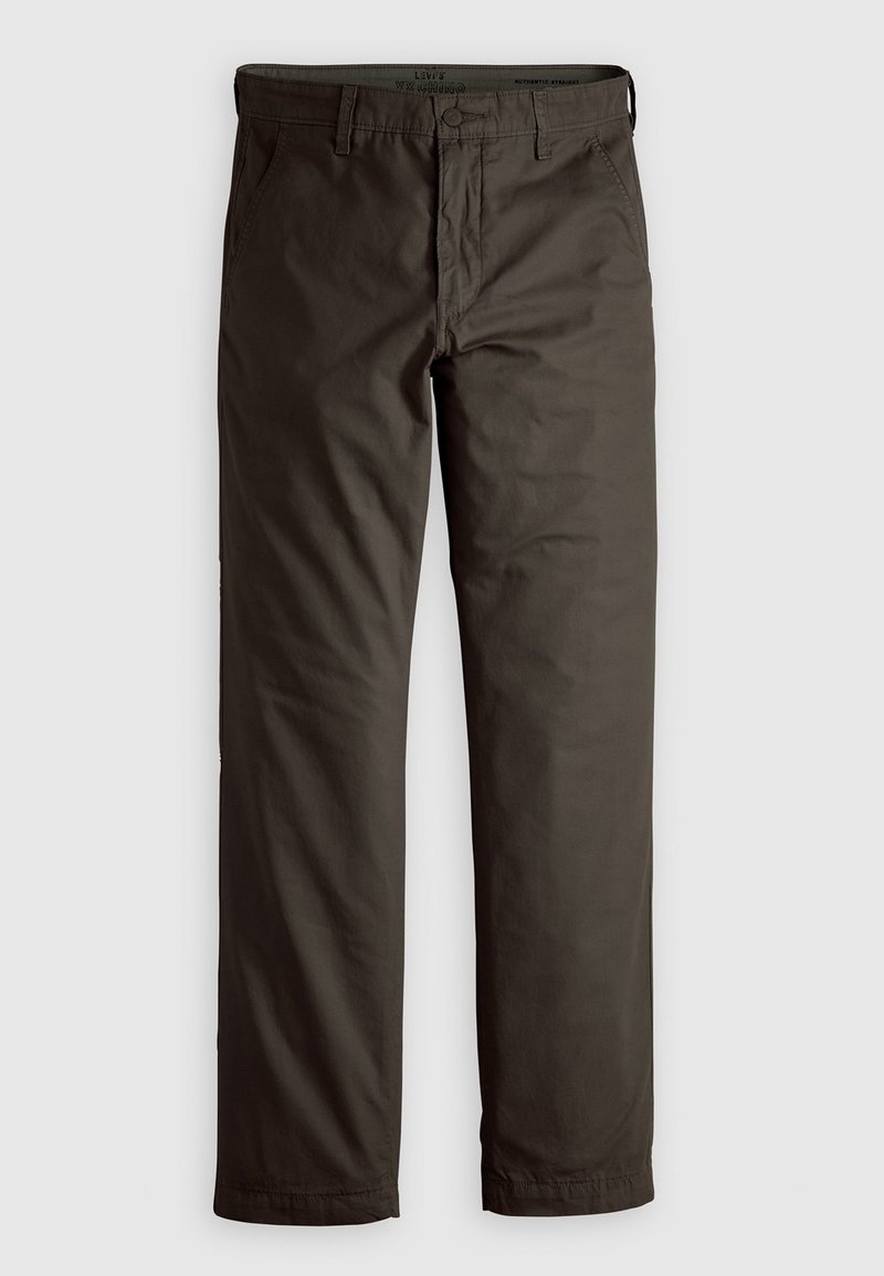 Pantalones de mezcla de algodón de marrón oscuro, con diseño de pierna recta, lazos para cinturón y bolsillos delanteros; textura suave con detalles de costura sutiles.