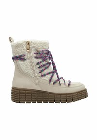 Beige neplederen boot met fleece manchet, paarse en groene patroondiktes, zijrits en dikke, gegroefde bruine zool.