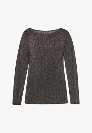 Langærmet sweater i mørke metalliske nuancer, med ribbet tekstur og bred halsudskæring. Blødt strikket stof med afslappet pasform.