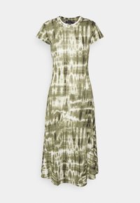 Midi dress oliivinvihreänä, jossa on sitruuna- ja värikäs kudonta. Lyhyet hihat, pyöreä pääntie ja levenevä helma. Pehmeä kangas, jossa on sileä rakenne.