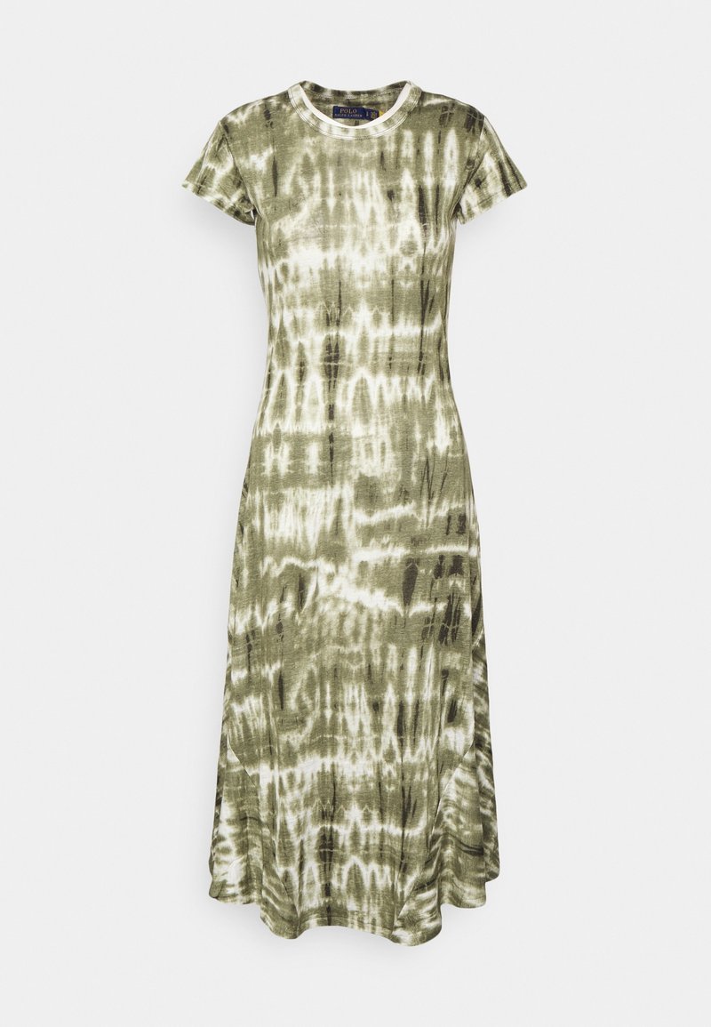 Midi dress oliivinvihreänä, jossa on sitruuna- ja värikäs kudonta. Lyhyet hihat, pyöreä pääntie ja levenevä helma. Pehmeä kangas, jossa on sileä rakenne.