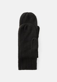 Čierne pletené rukavice s textúrovaným povrchom, tesným uchopením okolo zápästia a dizajnom bez prstov pre prístup k palcu.