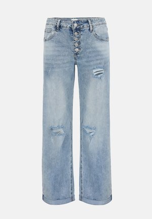 Jeans a gamba larga di colore azzurro chiaro, con chiusura a cinque bottoni, due tasche frontali e toppe usurate su cosce e ginocchia.