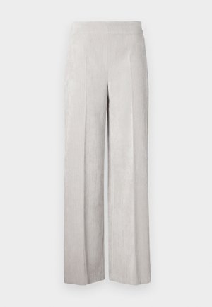 Lys grå corduroy vide benbukser med en glatt tekstur, med vertikale ribber og høy midje for en avslappet passform.