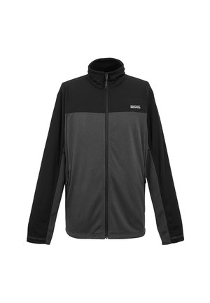 Herren-Fleecejacke in Schwarz und Dunkelgrau mit durchgehendem Reißverschluss, hohem Kragen und seitlichen Taschen, ausgestattet mit einem kleinen Logo auf der Brust.
