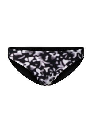 Black bikini bottoms with a gray and white abstract camo pattern and a simple waistband, displayed on a white background.