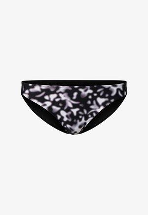 Bas de bikini noir avec un motif camouflage abstrait gris et blanc, doté d'une ceinture simple, présenté sur un fond blanc.
