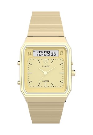 Gouden quartz horloge met een vierkante wijzerplaat, digitale weergave, gele wijzerplaat, zilveren accenten en een gestructureerde gouden metalen band.
