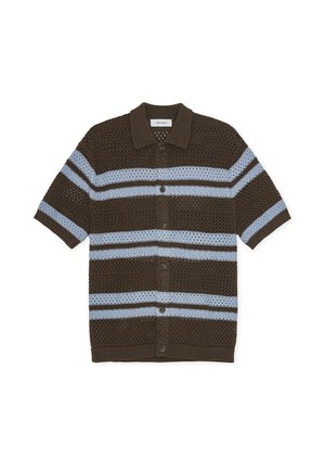 Sötétbarna, világoskék vízszintes csíkos rövid ujjú kötött kardigán. Galléros nyakkivágással és gombos záródással. Lyukacsos textúrájú.