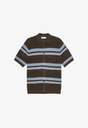 Sötétbarna, világoskék vízszintes csíkos rövid ujjú kötött kardigán. Galléros nyakkivágással és gombos záródással. Lyukacsos textúrájú.