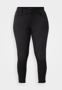 Black skinny jeans with a high waistband, made from stretchy denim. Features front pockets and frayed hems. Smooth texture with subtle fading.