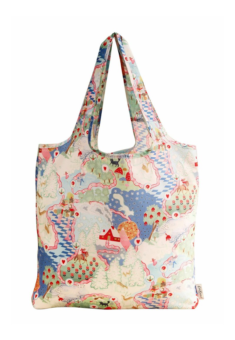 Opakovane nákupné tašky z poly-bavlneného zloženia, s farebným vzorom zimnej krajiny, na ktorom sú stromy, domy a zvieratá, s zakrivenými ušami.