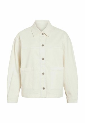 Veste boutonnée couleur blanc cassé avec manches longues, deux poches avant et un col classique, présentée sur un fond blanc.