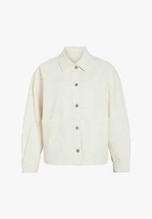 Fehérnemű fehér gombos dzseki hosszú ujjal, két első zsebbel és klasszikus gallérral, fehér háttéren bemutatva.