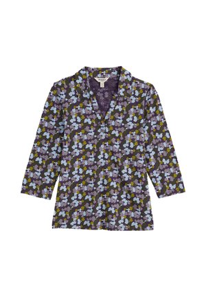 Paars overhemd met kraag en driekwart mouwen, voorzien van een blauw, lavendel en groen abstract bloemenpatroon.