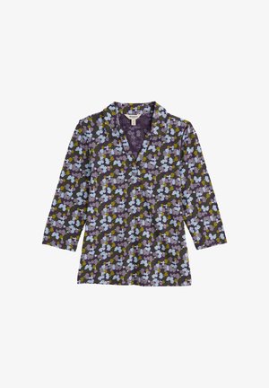 Violetinė marškiniai su apykakle ir trimis ketvirčiais rankovėmis, puošta mėlynu, levandų ir žaliu abstrakčiu gėlių raštu.