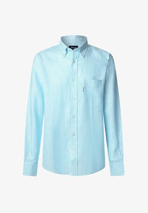 Camicia a maniche lunghe con bottoni di colore azzurro chiaro a righe orizzontali, realizzata in un tessuto morbido; presenta una tasca sul petto e colletto.
