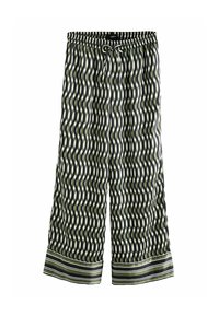 Grün-weiße, gemusterte Hosen mit einem wellenförmigen Design, die einen elastischen Bund mit Kordelzug und einen gestreiften Saum aufweisen.