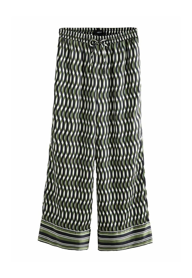 Grün-weiße, gemusterte Hosen mit einem wellenförmigen Design, die einen elastischen Bund mit Kordelzug und einen gestreiften Saum aufweisen.
